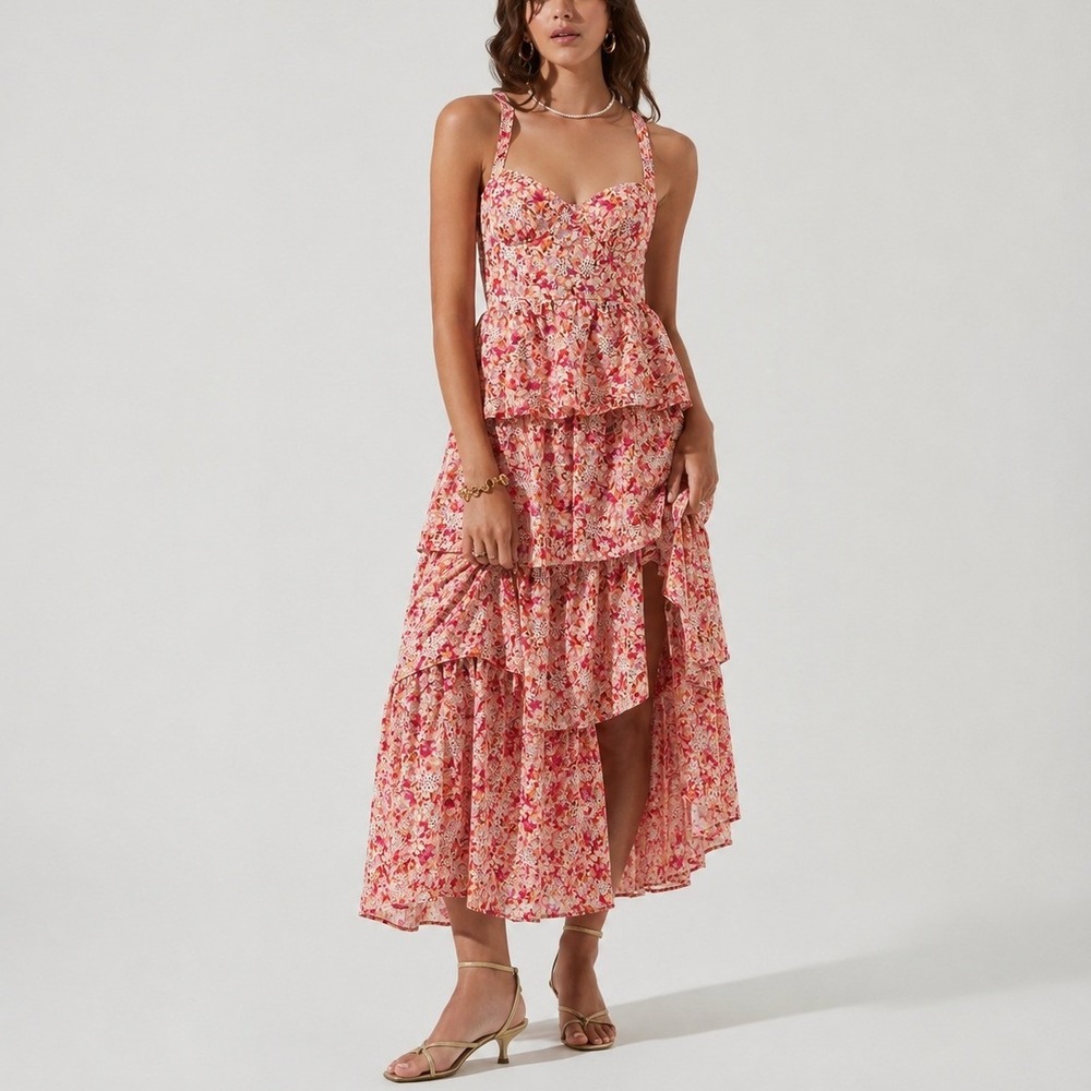 ASTR The Label Midsummer Dress L Pink Multi Floral Tiered Ruffle